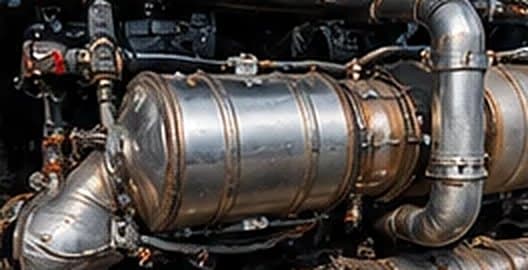 Close-up of a heavy-duty truck's emissions system components