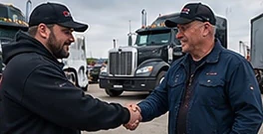 OnTec technician shaking hands with a truck driver after the service